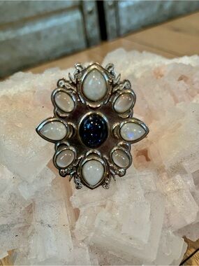 Silver Moonstone Ring with Deep Blue Opal Center